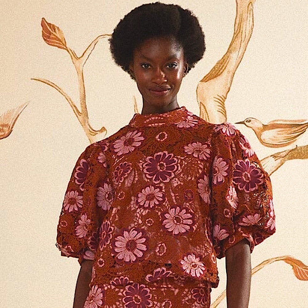 FARM Rio Gigi Tapestry Guipure Floral Brown and Pink Sand Blouse